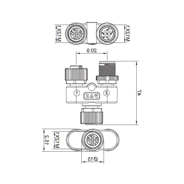 M12 5Pin母/M12 5Pin公+M12 5Pin母，y型连接器，644443